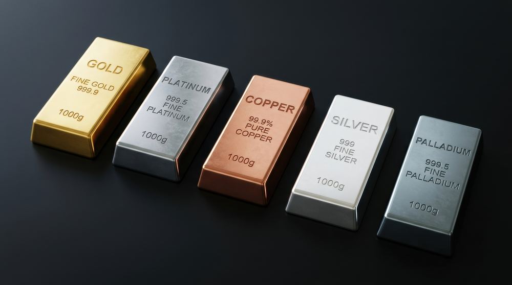 Five bars side by side: gold, platinum, copper, silver and palladium