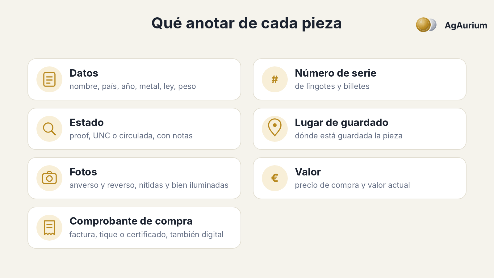 Resumen: qué anotar de cada pieza, desde los datos y las fotos hasta el comprobante de compra y el lugar de guardado