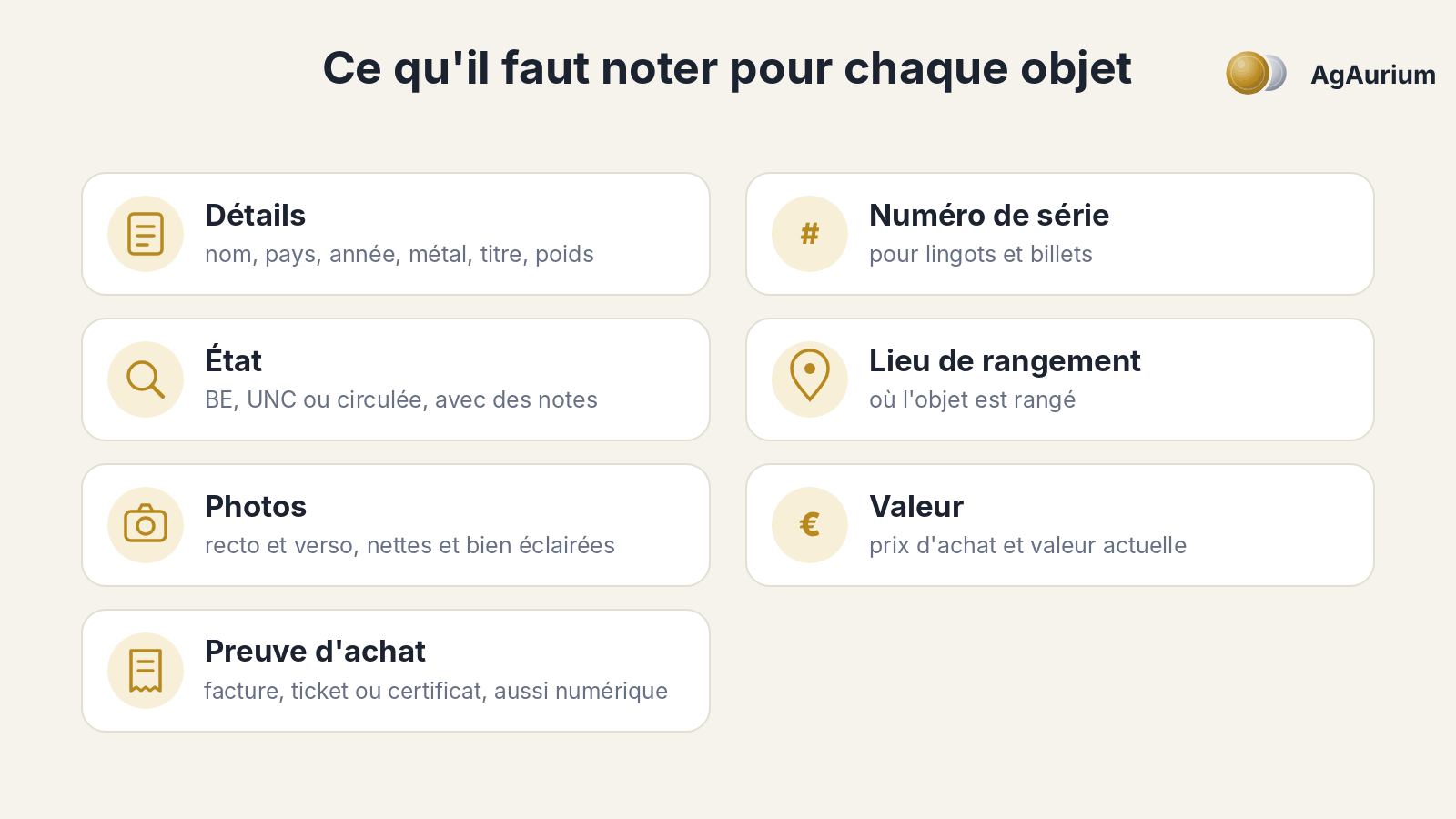 Aperçu : ce qu'il faut noter pour chaque objet, des détails et photos à la preuve d'achat et au lieu de rangement
