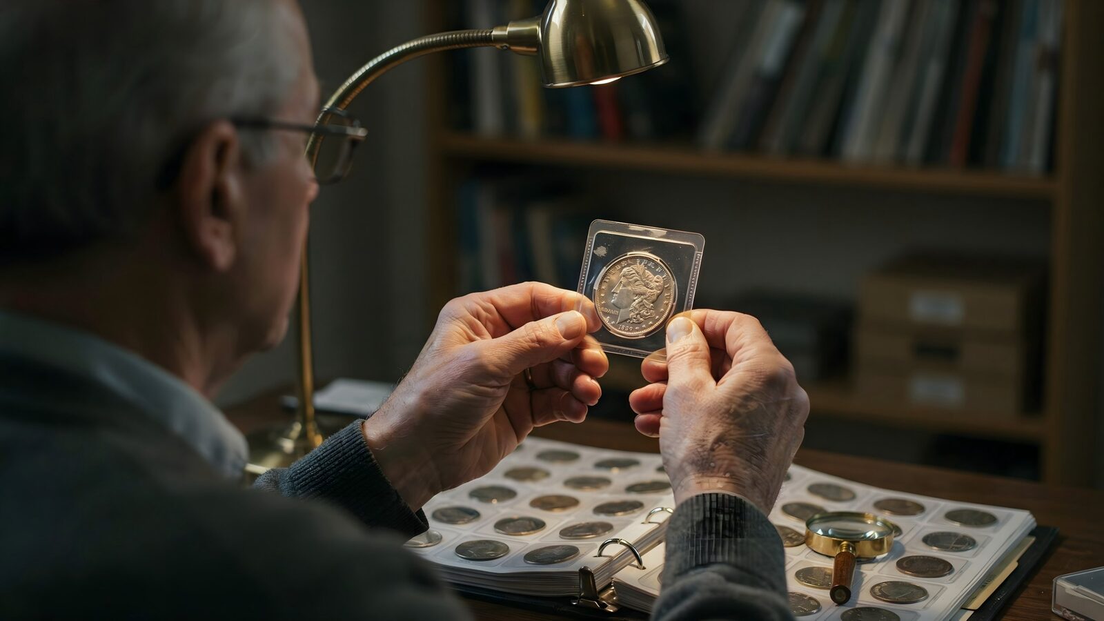 Een verzamelaar bekijkt een munt in een hoesje onder een bureaulamp