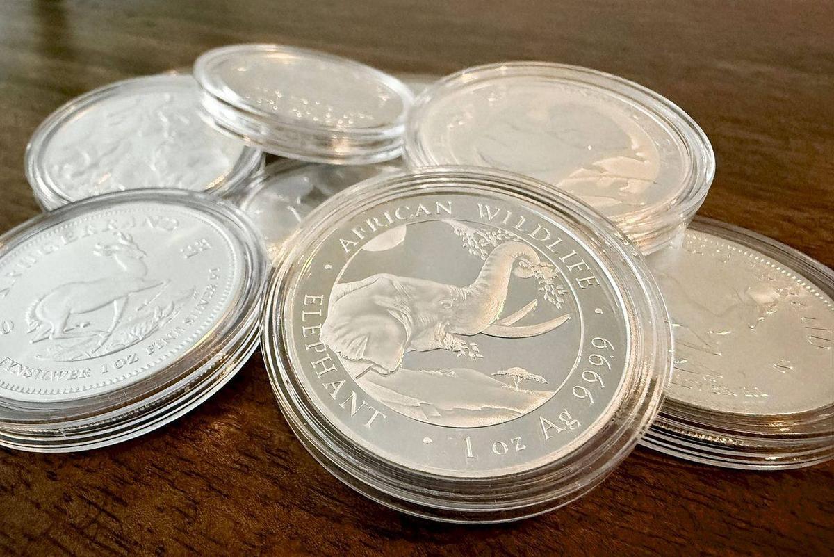 Silver bullion coins in capsules, including a Krugerrand and a Somali elephant