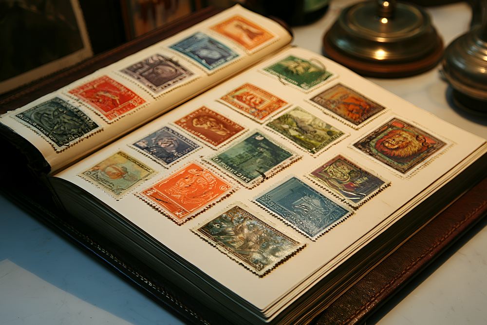 Open stamp album with colourful stamps