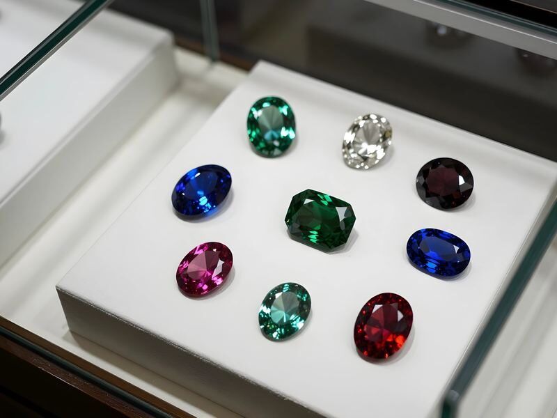 Edelstenen in verschillende kleuren in een vitrine