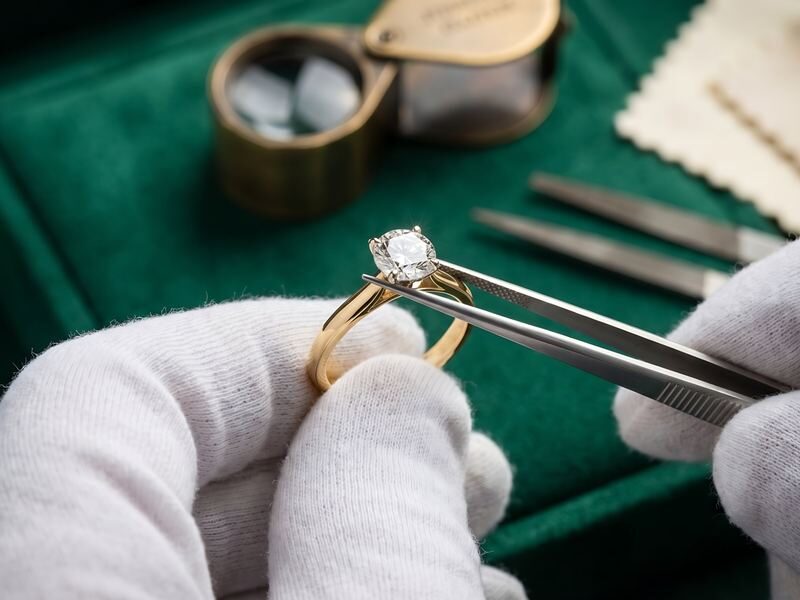 Een gouden ring met een diamant op een lichte ondergrond