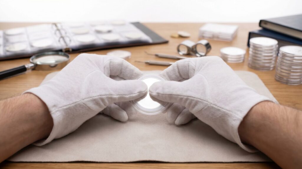 Handen met witte katoenen handschoenen houden een munt in een capsule vast boven een zachte mat