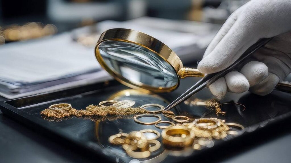Een gouden sieraad wordt met een loep en pincet bekeken